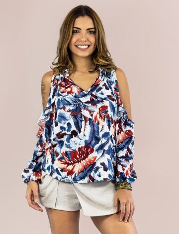 Blusa Manga Longa Ombro Aberto Estampada