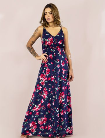 Vestido Longo com Alça Cruzada Estampado